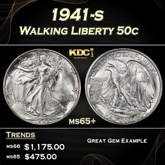 1941-s Walking Liberty Half Dollar 50c Grades GEM+ Unc