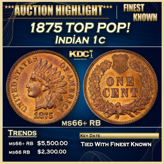1875 Indian Cent TOP POP! 1c ms66+ RB SEGS