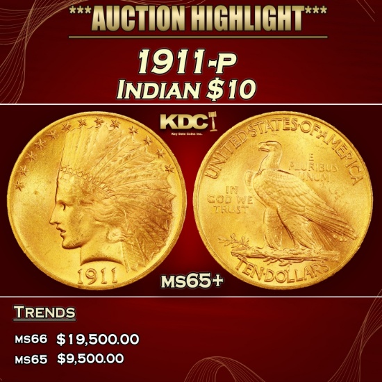 1911-p Gold Indian Eagle $10 ms65+ SEGS