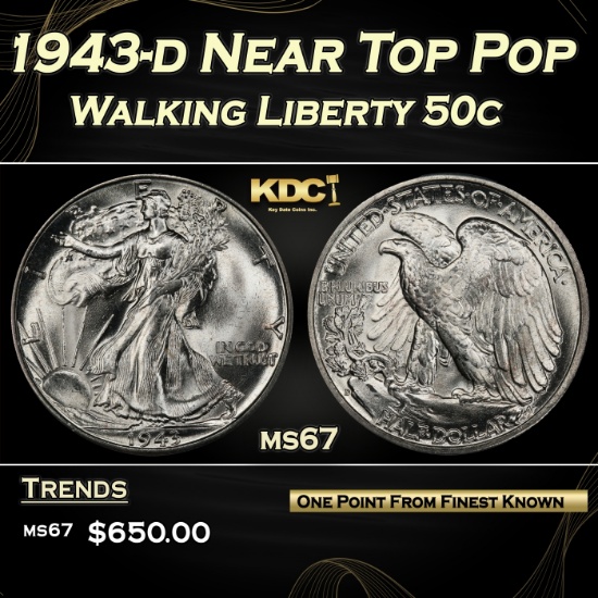 1943-d Walking Liberty Half Dollar Near Top Pop 50c ms67 SEGS
