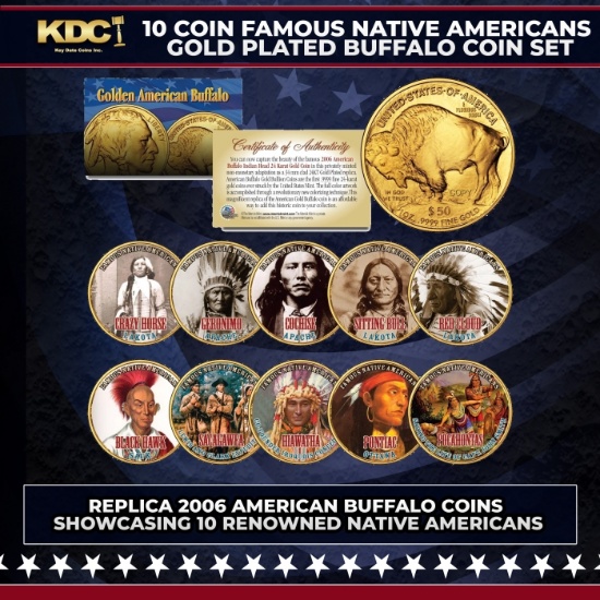 10 Coin 14k Gold Plated Famous Native Americans (American Indians) Gold Plated Buffalo Coin Set Grad