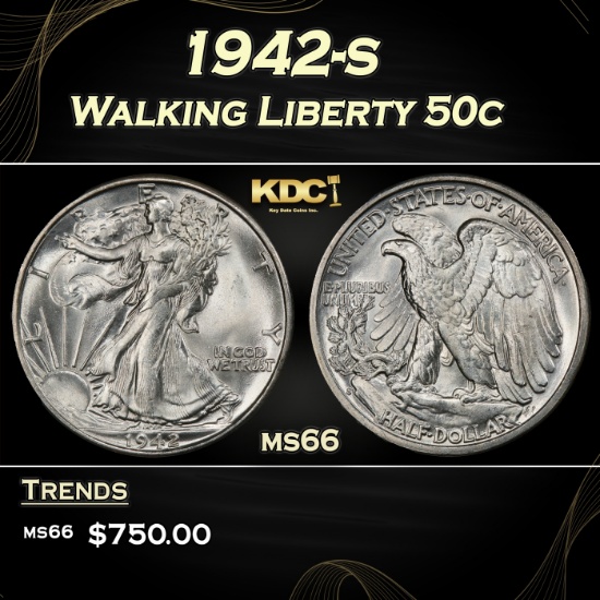 1942-s Walking Liberty Half Dollar 50c Grades GEM+ Unc