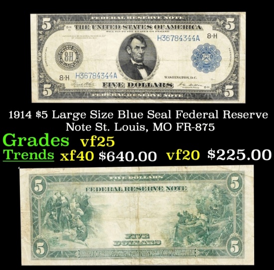 1914 $5 Large Size Blue Seal Federal Reserve Note St. Louis, MO Grades vf+ FR-875