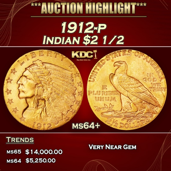 1912-p Gold Indian Quarter Eagle $2 1/2 ms64+ SEGS