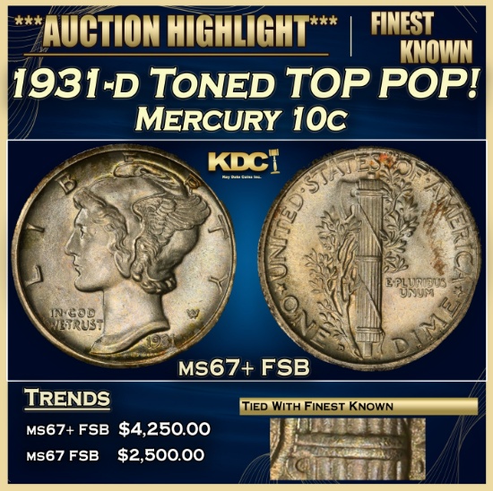 1931-d Mercury Dime Toned TOP POP! 10c ms67+ FSB SEGS