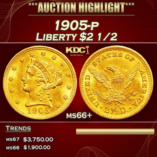 1905-p Gold Liberty Quarter Eagle $2 1/2 ms66+ SEGS