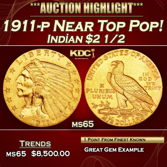 1911-p Gold Indian Quarter Eagle Near Top Pop! $2 1/2 ms65 SEGS
