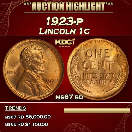 1923-p Lincoln Cent 1c ms67 rd SEGS