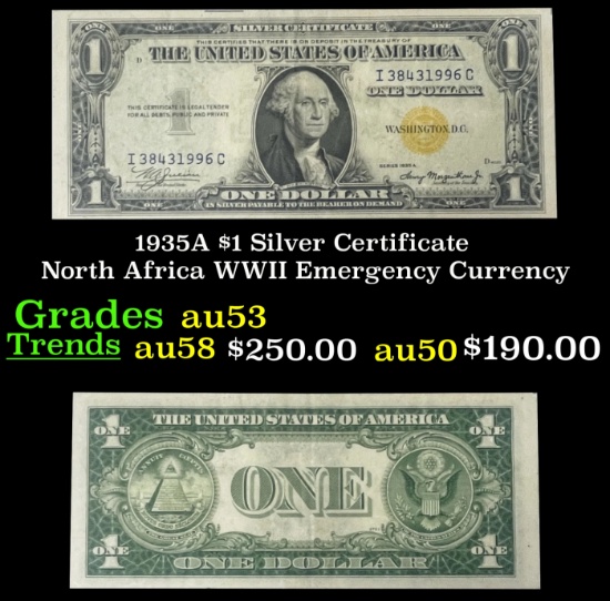 1935A $1 Silver Certificate North Africa WWII Emergency Currency Grades Select AU