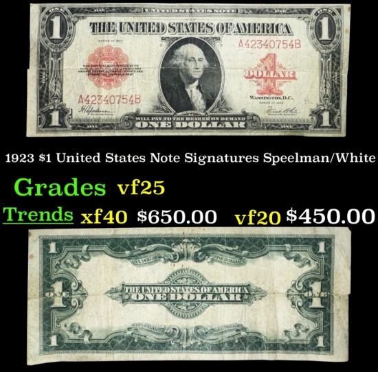1923 $1 United States Note Grades vf+ Signatures Speelman/White