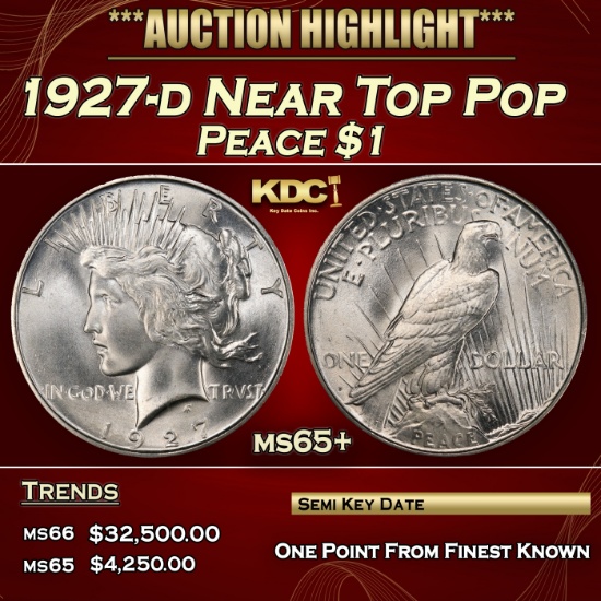1927-d Peace Dollar Near Top Pop $1 ms65+ SEGS