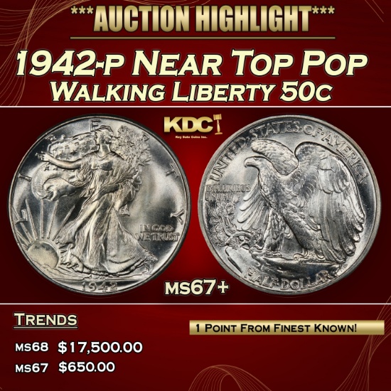 1942-p Walking Liberty Half Dollar Near Top Pop 50c ms67+ SEGS