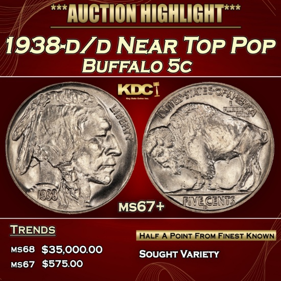 1938-d/d Buffalo Nickel Near Top Pop 5c ms67+ SEGS