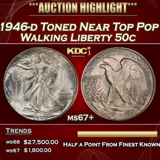 1946-d Walking Liberty Half Dollar Toned Near Top Pop 50c ms67+ SEGS