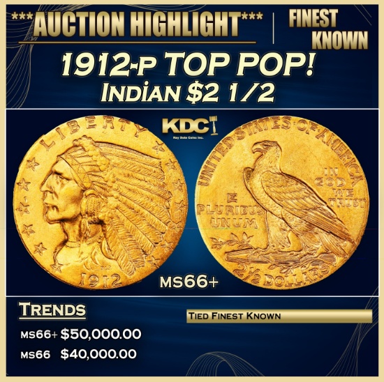 1912-p Gold Indian Quarter Eagle TOP POP! $2 1/2 ms66+ USCG