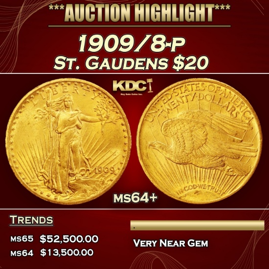1909/8-p Gold St. Gaudens Double Eagle $20 ms64+ SEGS