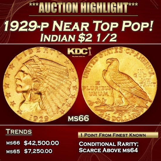1929-p Gold Indian Quarter Eagle Near Top Pop! $2 1/2 ms66 SEGS