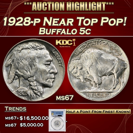 PCGS 1928-p Buffalo Nickel Near Top Pop! 5c ms67 PCGS