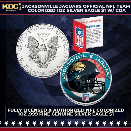 Jacksonville Jaguars Official NFL Team Colorized 1oz Silver Eagle $1 w/ COA Grades Other Toy
