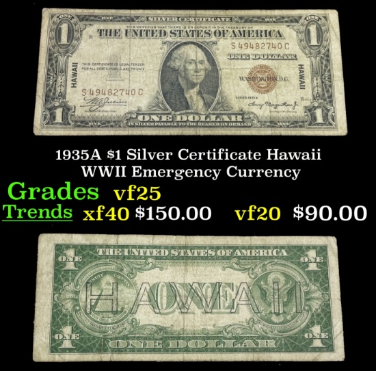 1935A $1 Silver Certificate Hawaii WWII Emergency Currency Grades vf+