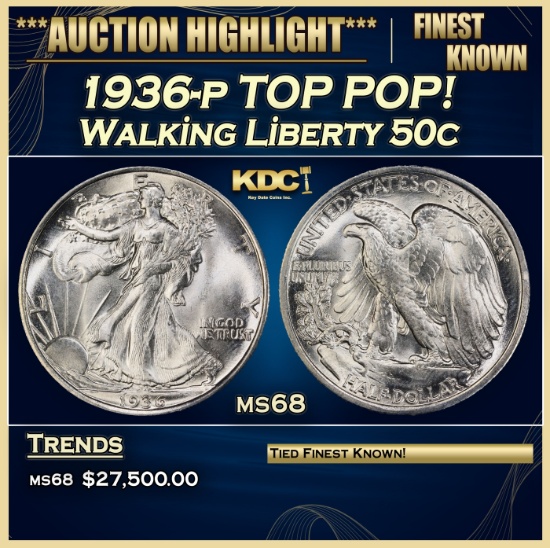 1936-p Walking Liberty Half Dollar TOP POP! 50c ms68 SEGS