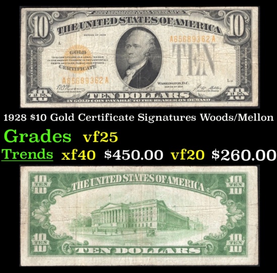 1928 $10 Gold Certificate Signatures Woods/Mellon Grades vf+
