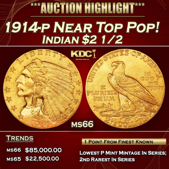 1914-p Gold Indian Quarter Eagle Near Top Pop! $2 1/2 ms66 USCG