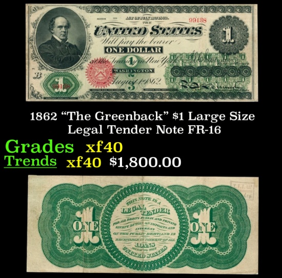 1862 $1 Large Size Legal Tender Note "The Greenback" Grades xf FR-16
