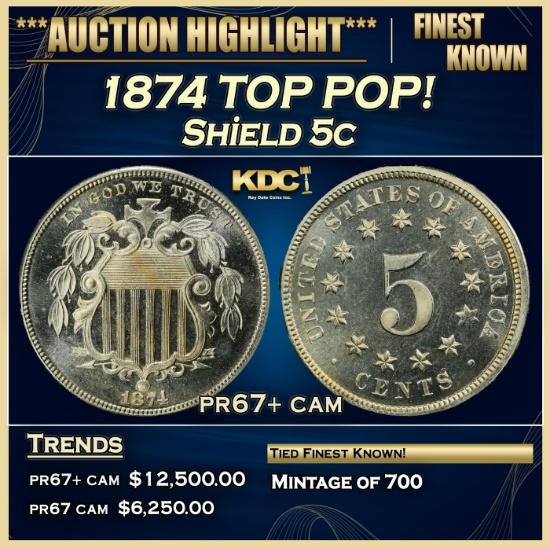 1874 Proof Shield Nickel TOP POP! 5c pr67+ cam SEGS