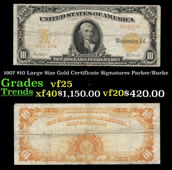 1907 $10 Large Size Gold Certificate Grades vf+ Signatures Parker/Burke