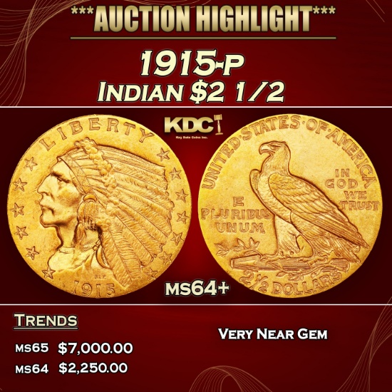 1915-p Gold Indian Quarter Eagle $2 1/2 ms64+ SEGS
