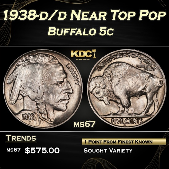 1938-d/d Buffalo Nickel Near Top Pop 5c ms67 SEGS