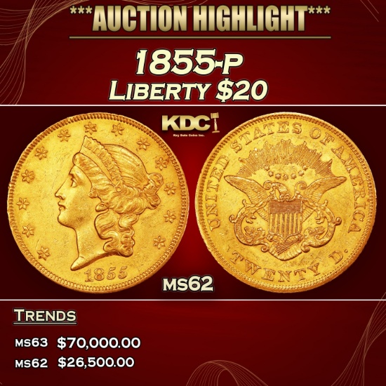 1855-p Gold Liberty Double Eagle $20 ms62 SEGS