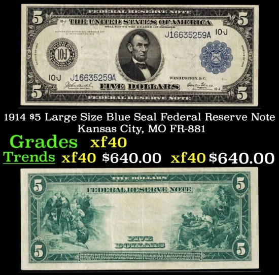 1914 $5 Large Size Blue Seal Federal Reserve Note Kansas City, MO Grades xf FR-881