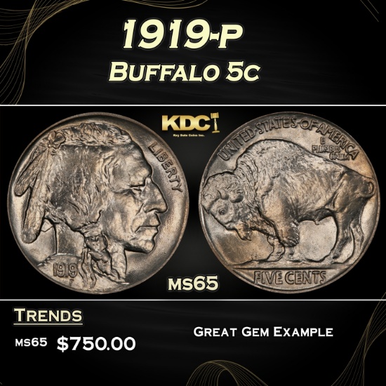 1919-p Buffalo Nickel 5c Grades ms65