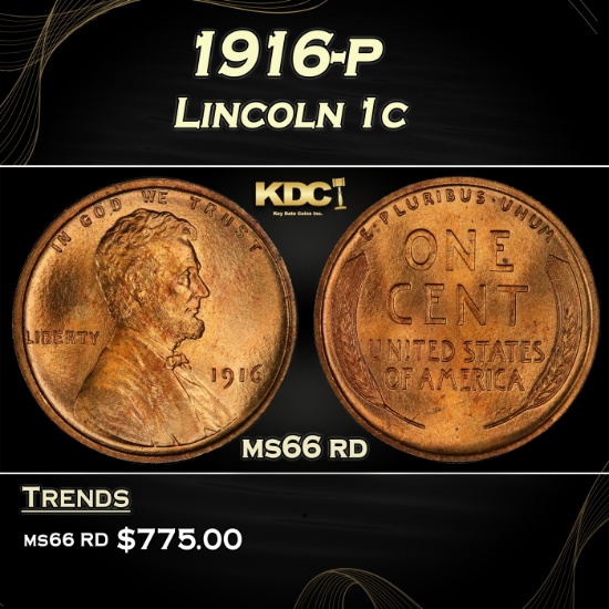 1916-p Lincoln Cent 1c Grades ms66 rd