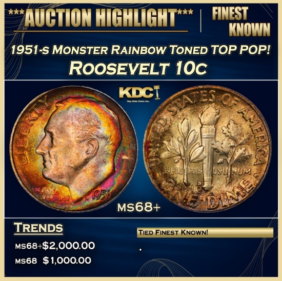 1951-s Roosevelt Dime Monster Rainbow Toned TOP POP! 10c ms68+ SEGS