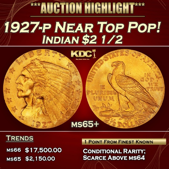 1927-p Gold Indian Quarter Eagle Near Top Pop! $2 1/2 ms65+ SEGS