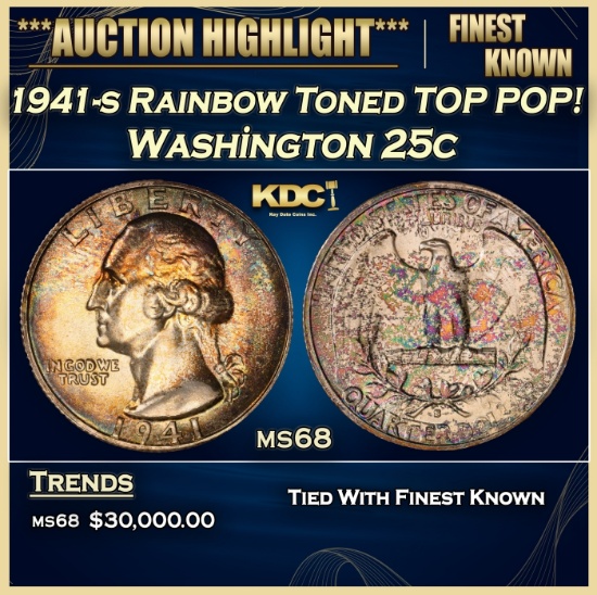 1941-s Washington Quarter Rainbow Toned TOP POP! 25c ms68 SEGS
