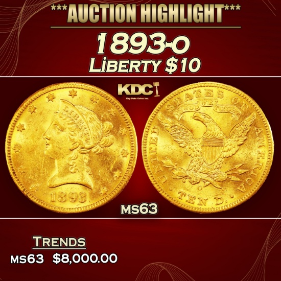 1893-o Gold Liberty Eagle $10 ms63 USCG