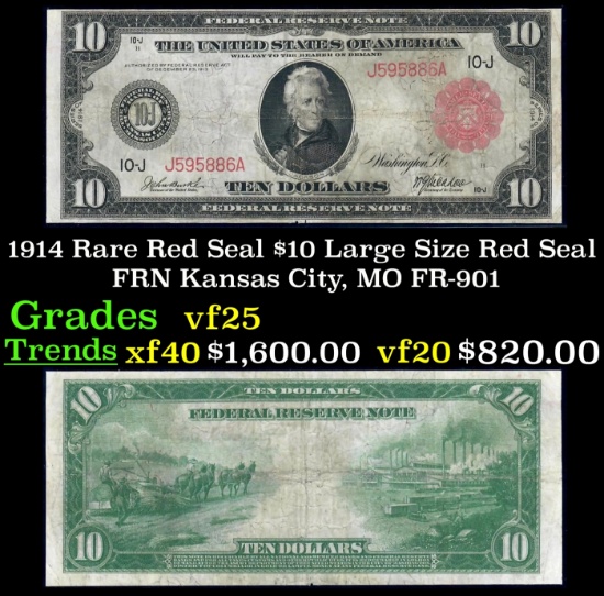 1914 $10 Large Size Red Seal FRN Rare Red Seal Kansas City, MO Grades vf+ FR-901