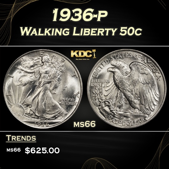1936-p Walking Liberty Half Dollar 50c Grades GEM+ Unc