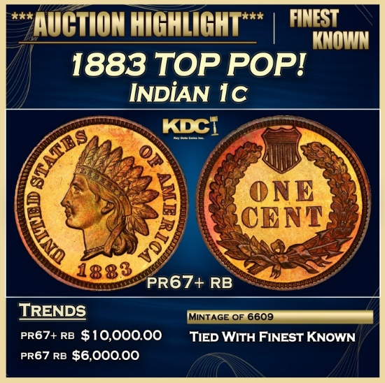 1883 Proof Indian Cent TOP POP! 1c pr67+ rb SEGS