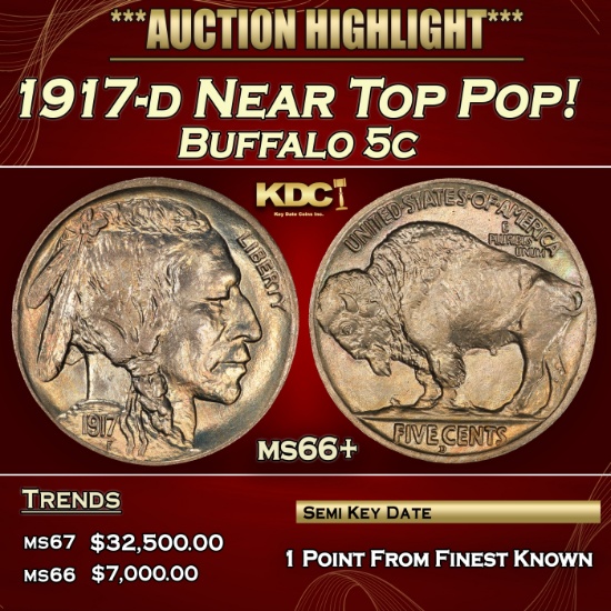 1917-d Buffalo Nickel Near Top Pop! 5c ms66+ SEGS