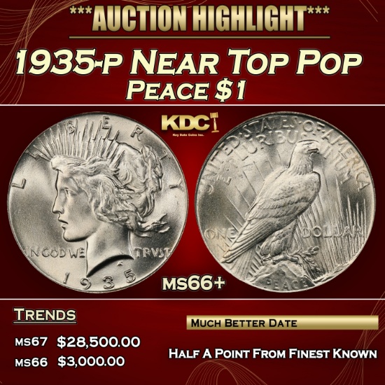 1935-p Peace Dollar Near Top Pop $1 ms66+ SEGS