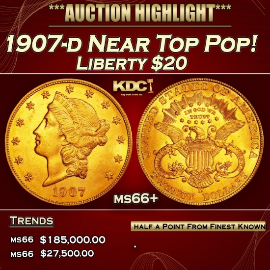 1907-d Gold Liberty Double Eagle Near Top Pop! $20 ms66+ SEGS