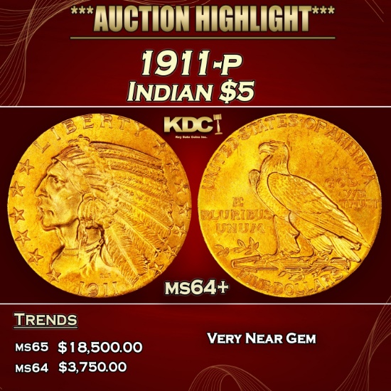 1911-p Gold Indian Half Eagle $5 ms64+ USCG