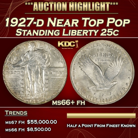 1927-d Standing Liberty Quarter Near Top Pop 25c ms66+ fh SEGS
