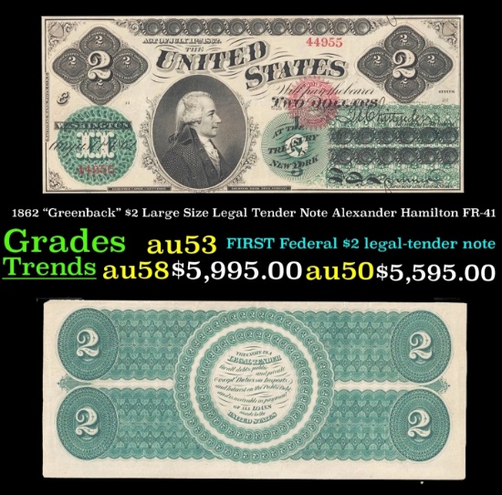 1862 $2 Large Size Legal Tender Note "Greenback" Alexander Hamilton Grades Select AU FR-41