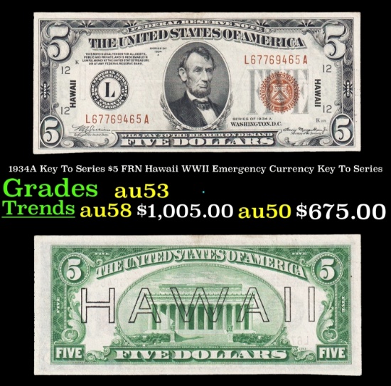 1934A $5 FRN Hawaii WWII Emergency Currency Key To Series Key To Series Grades Select AU